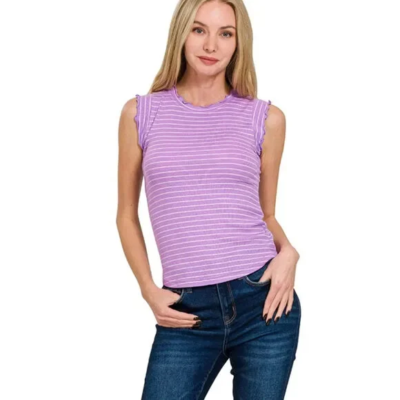 Zenana Ribbed Ruffle Trim Sleeveless Stripe Top - Picture 1 of 4